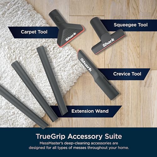 Shark MessMaster includes squeegee and crevice tools for versatility.