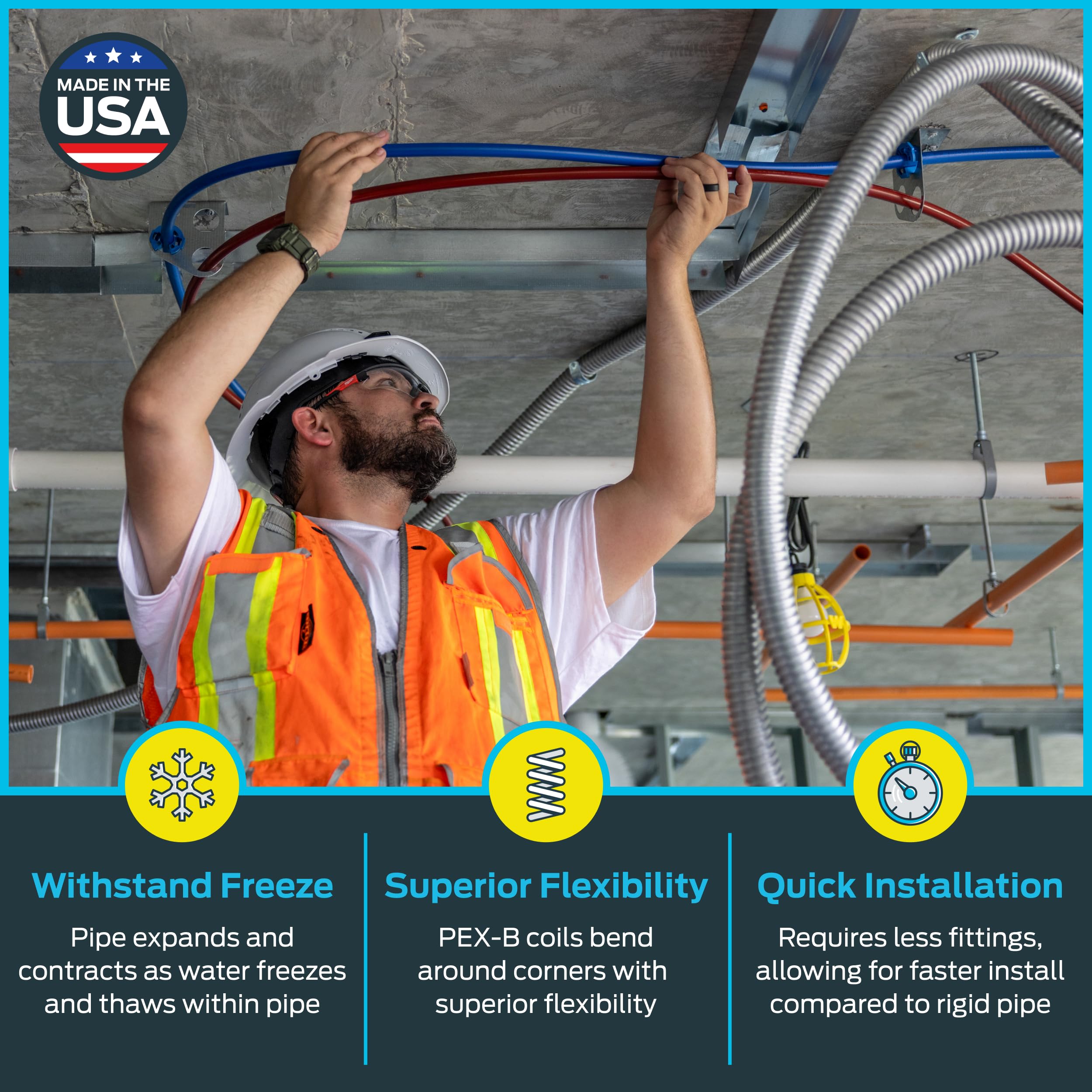 SharkBite blue PEX pipe showing push-to-connect feature for quick installs