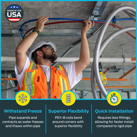 SharkBite blue PEX pipe showing push-to-connect feature for quick installs