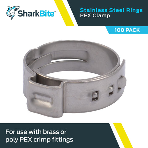 SharkBite clamp ring on PEX pipe connects brass or poly fittings.