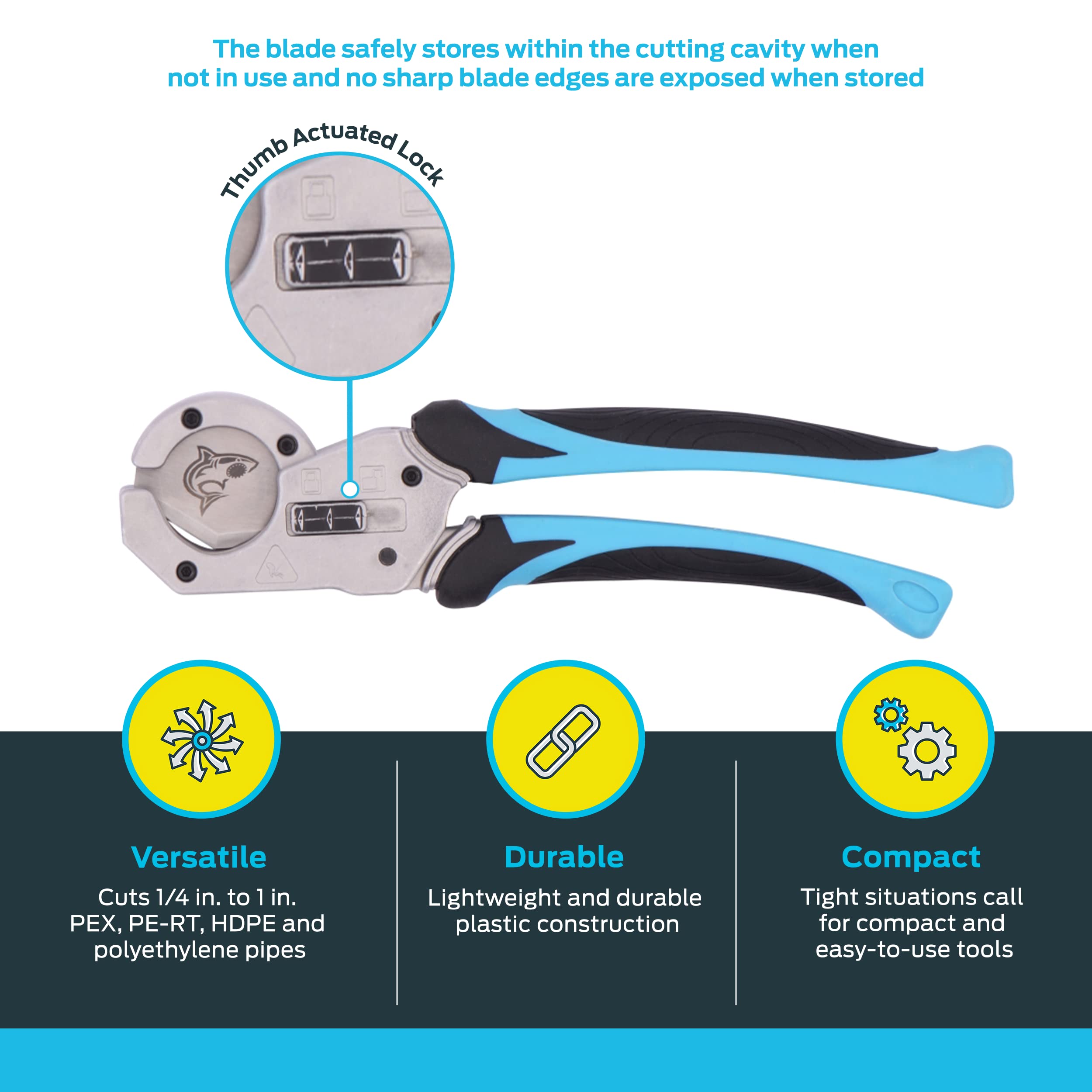 SharkBite cutter with spring-loaded handles for comfortable grip in tight spaces.