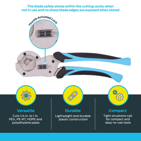 SharkBite cutter with spring-loaded handles for comfortable grip in tight spaces.