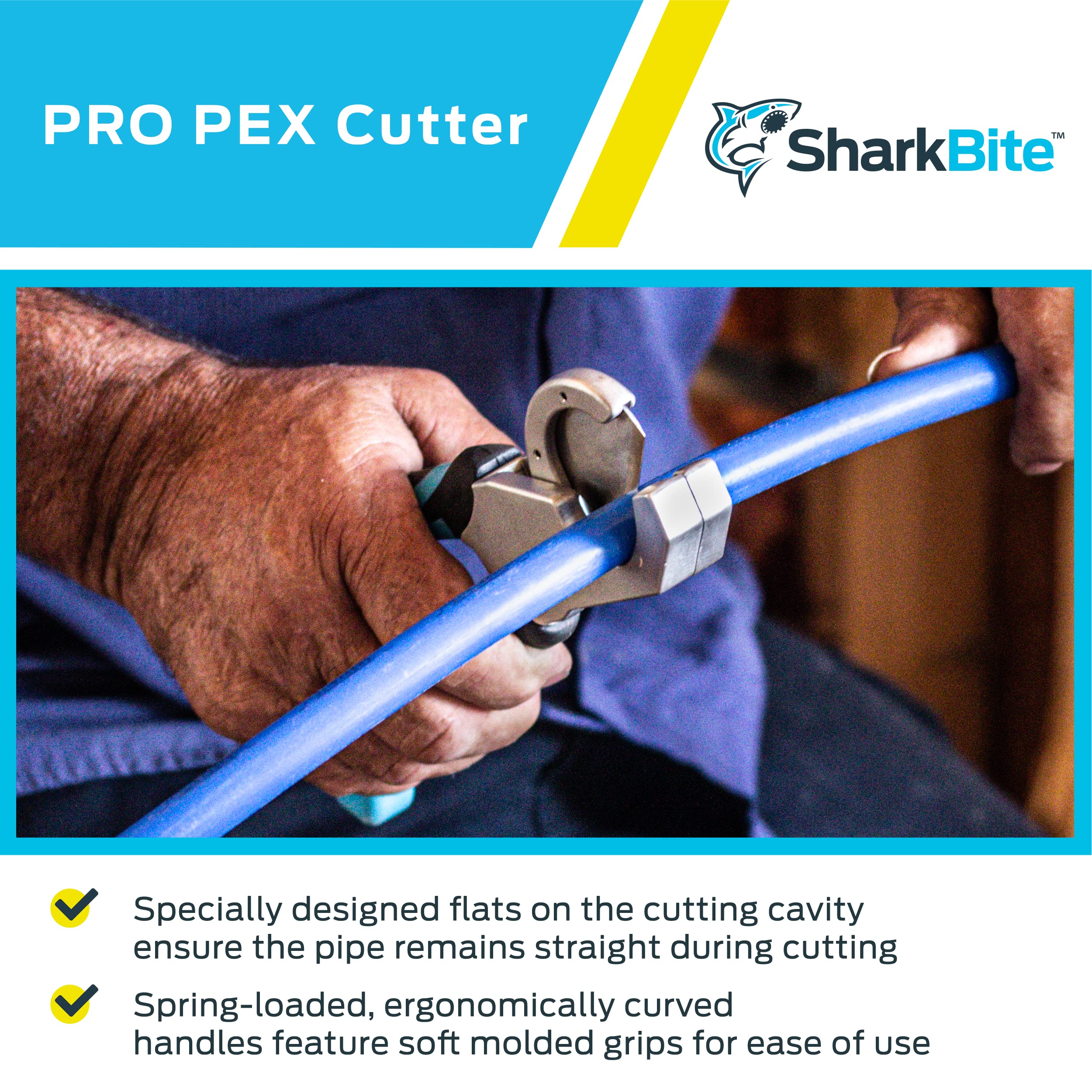 SharkBite cutter showing thumb lock for safe blade storage when not in use.