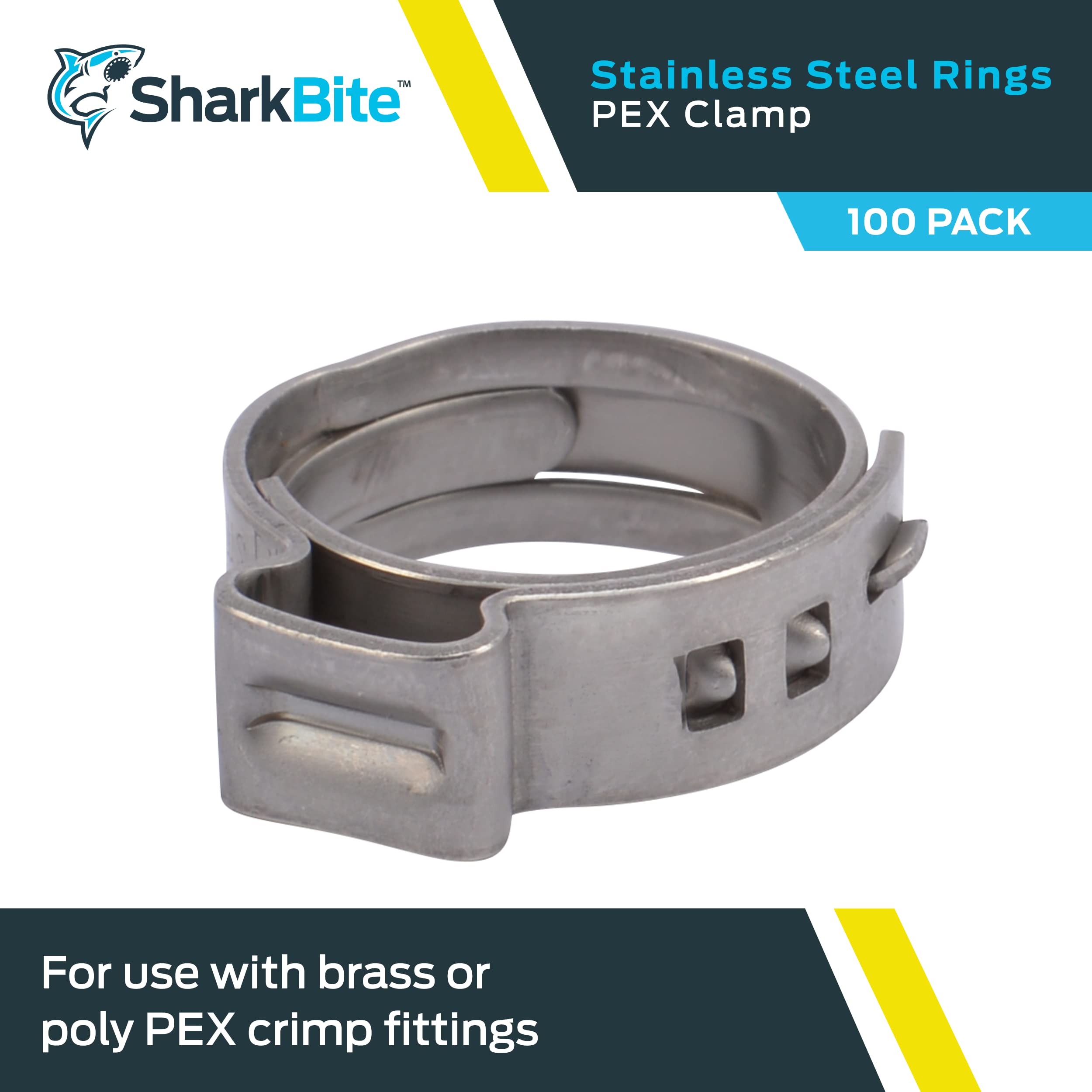 SharkBite stainless-steel clamp ring close-up shows durable performance on PEX-RT routes.