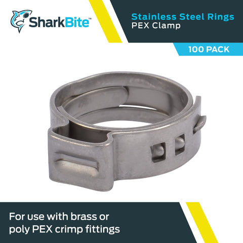 SharkBite stainless-steel clamp ring close-up shows durable performance on PEX-RT routes.