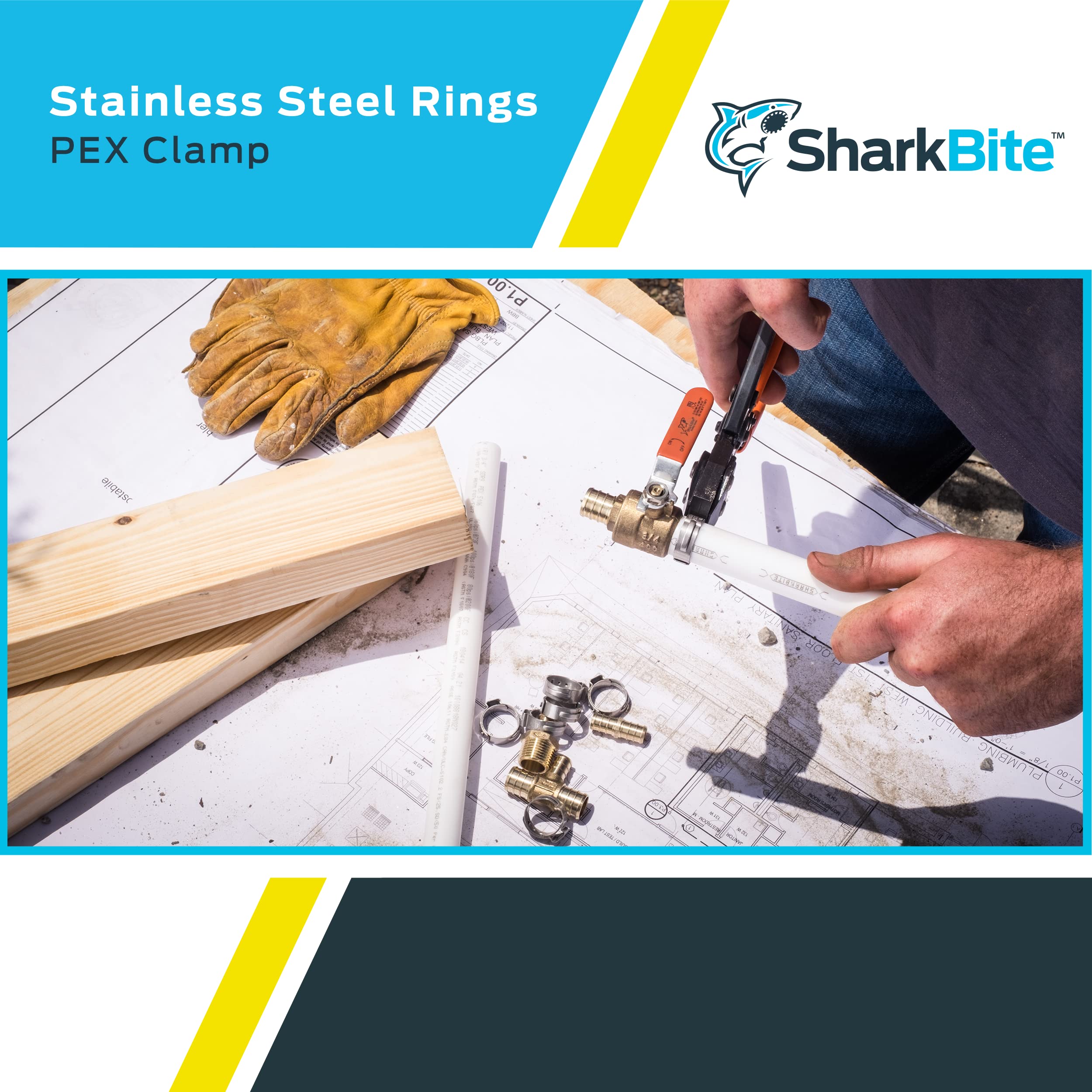 SharkBite UC955CP100 pack shows kit contents for multiple projects.
