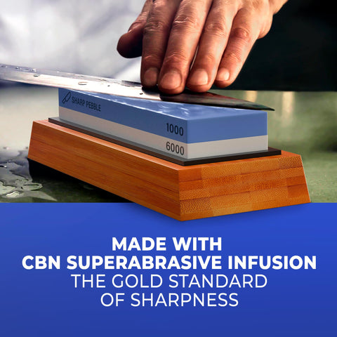 Sharp Pebble bamboo base providing stable sharpening surface