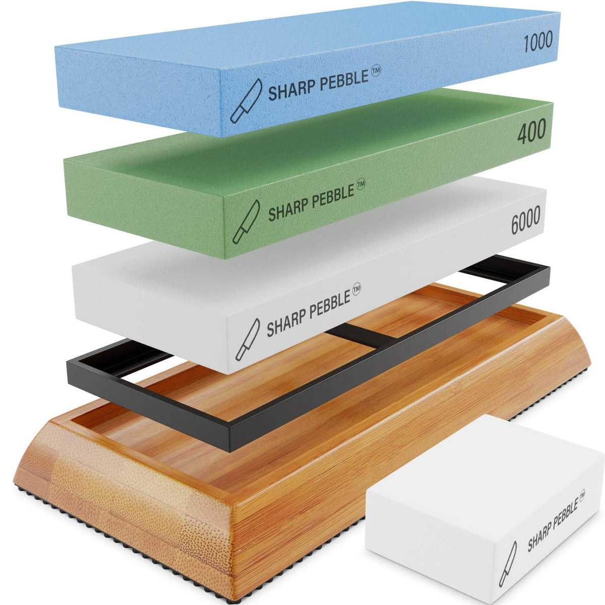 Sharp Pebble extra-large whetstones showing three grits for versatile edge refinement.