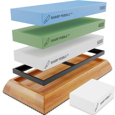 Sharp Pebble extra-large whetstones showing three grits for versatile edge refinement.