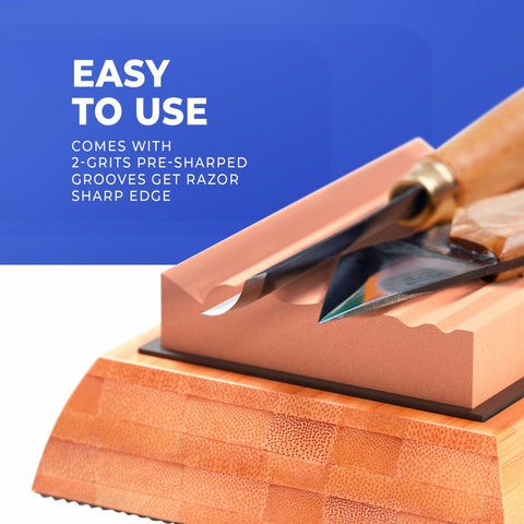 Sharp Pebble gouge sharpening stone with convex grooves for contoured tool edges.