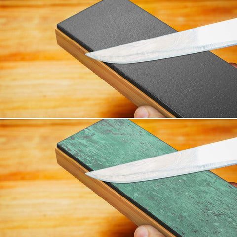 Chef knife being stropped to sharpen after honing with Sharp Pebble.