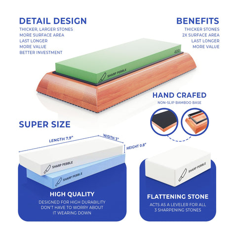 Sharp Pebble non-slip bamboo base stabilizes stones during sharpening.