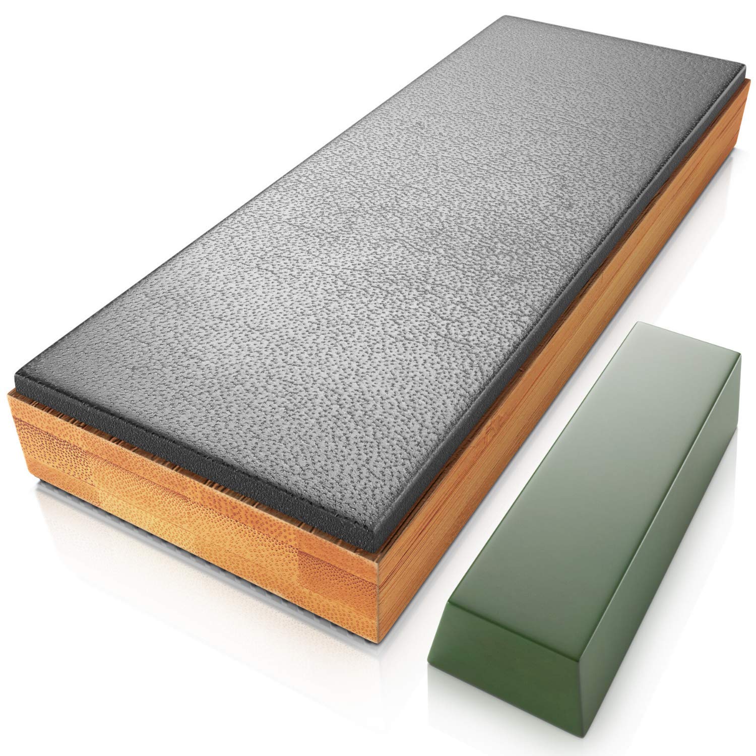 Sharp Pebble premium leather strop on bamboo base for precise edge polishing.