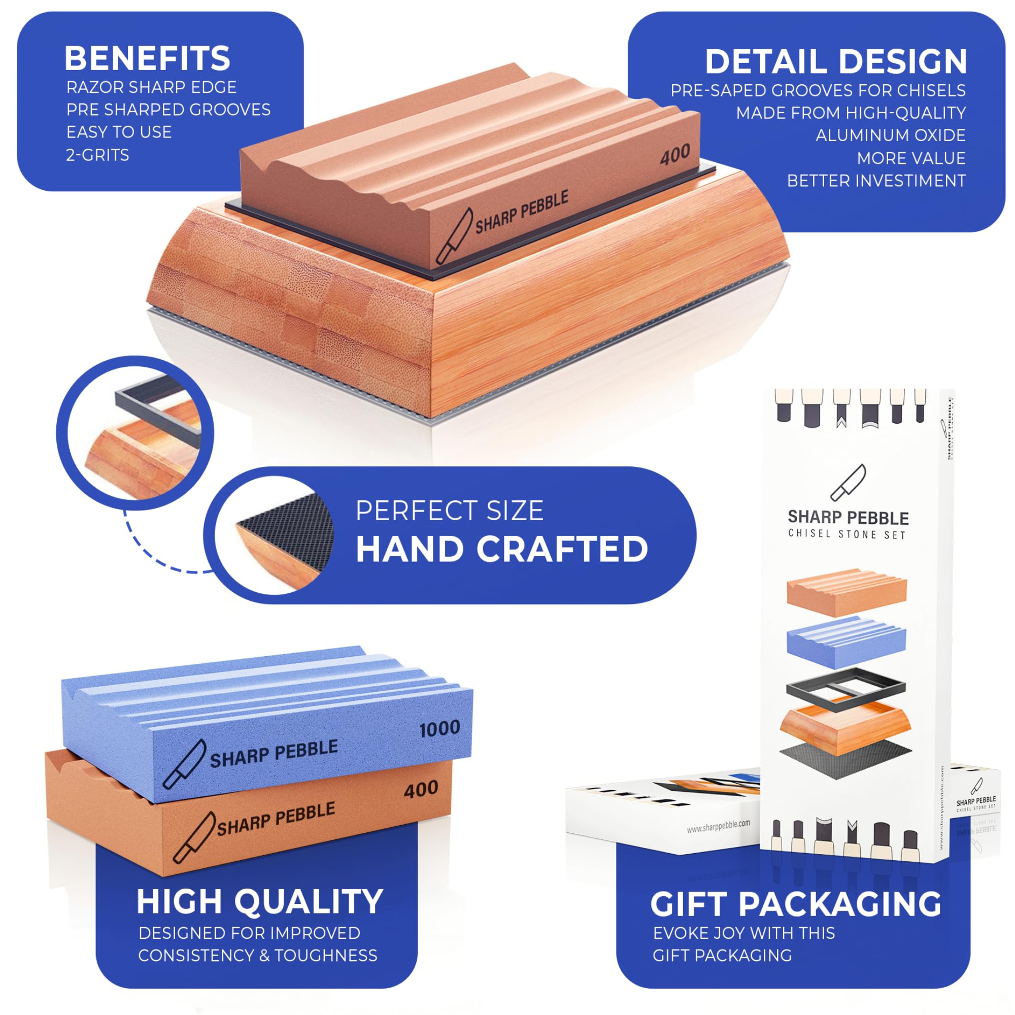Sharp Pebble waterstone kit on non-slip bamboo base for stable sharpening.