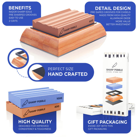 Sharp Pebble waterstone kit on non-slip bamboo base for stable sharpening.