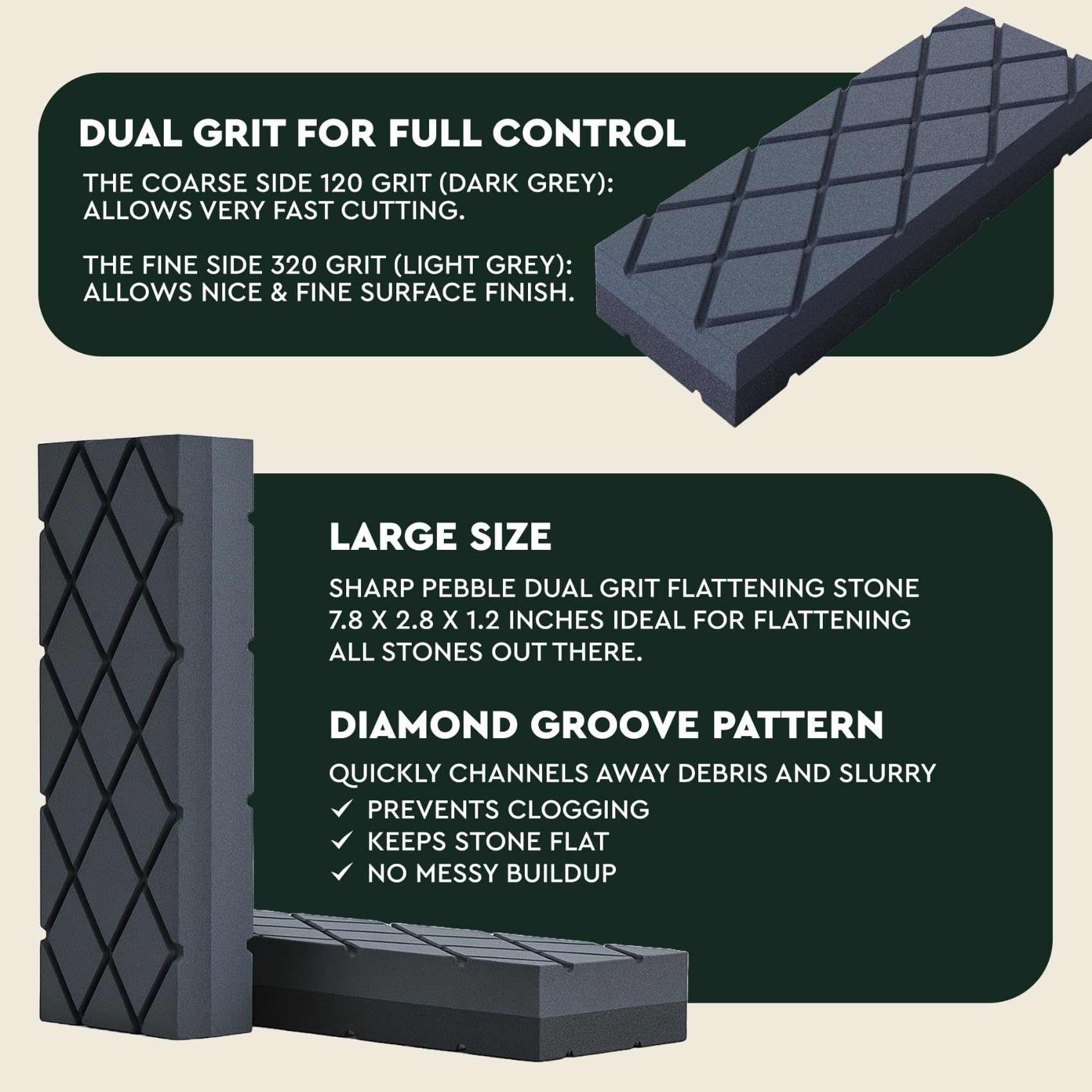 Sharp Pebble whetstone flattener features extra-large surface for quick flattening of large stones.