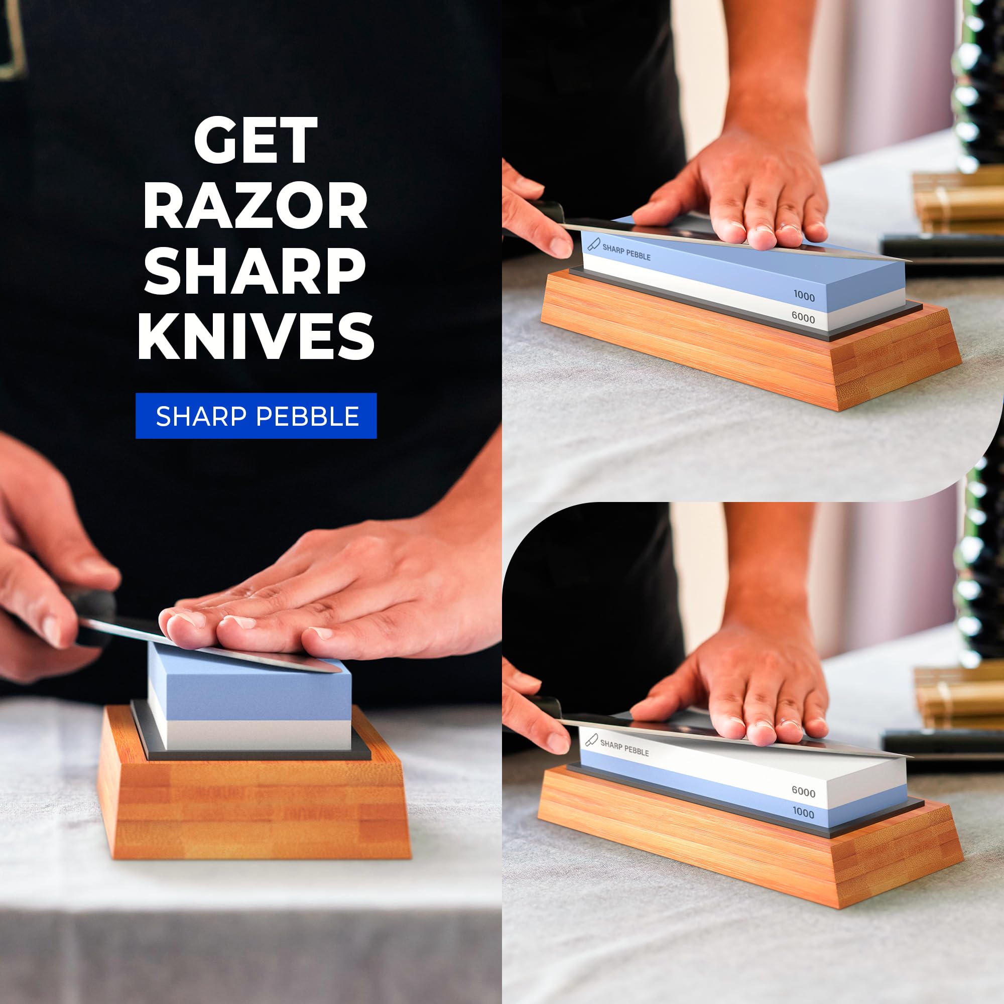 Sharp Pebble whetstone in use with a chef knife for sharpening