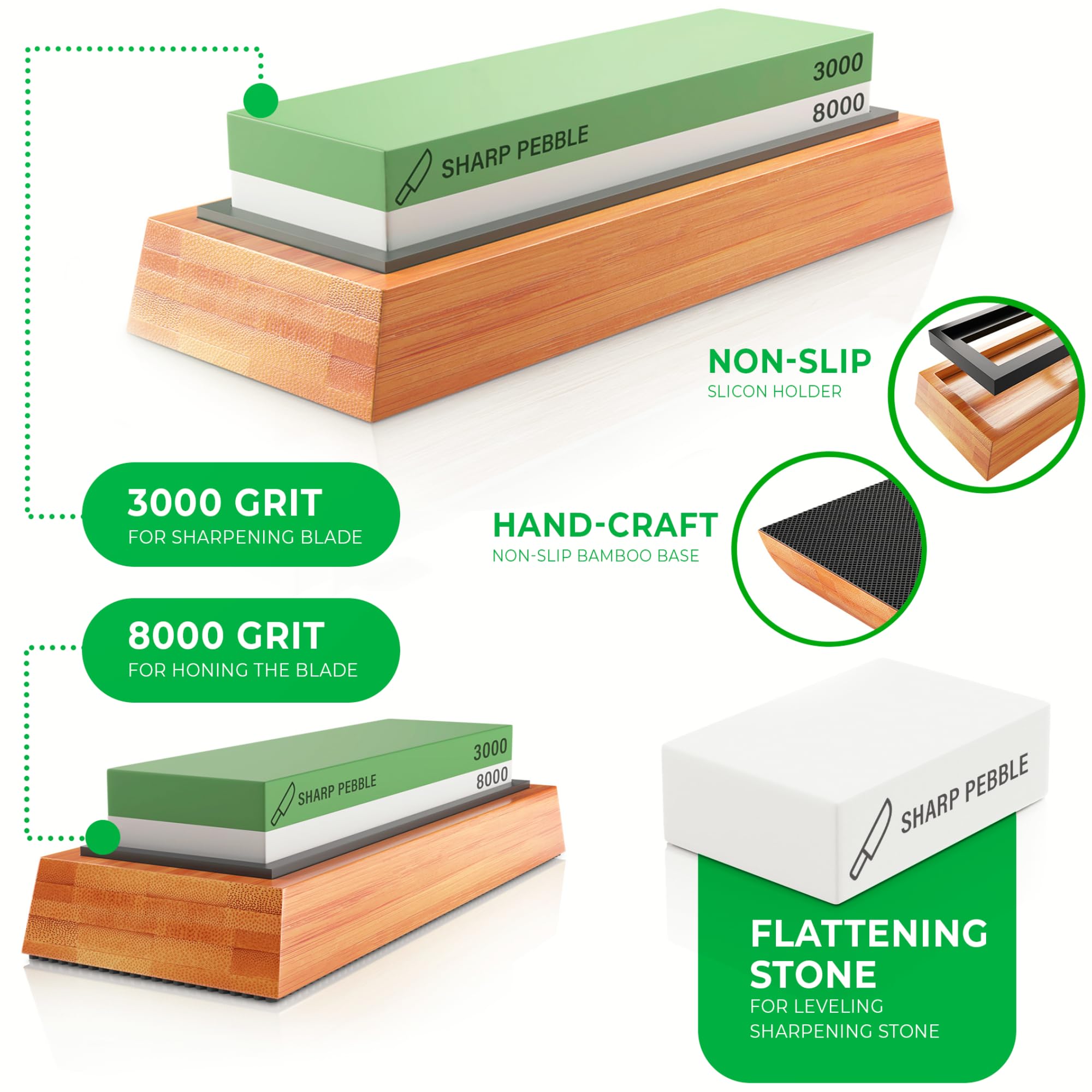 Sharp Pebble whetstone on a non-slip bamboo base for stable sharpening.