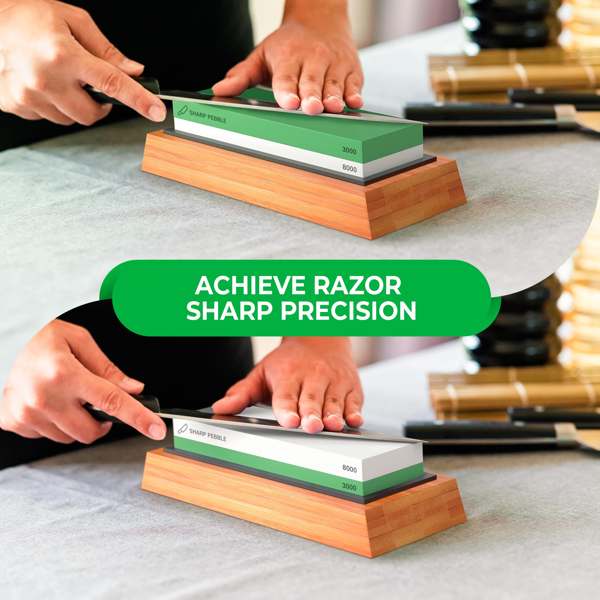 Sharp Pebble silicone safety base supports a secure sharpening setup.