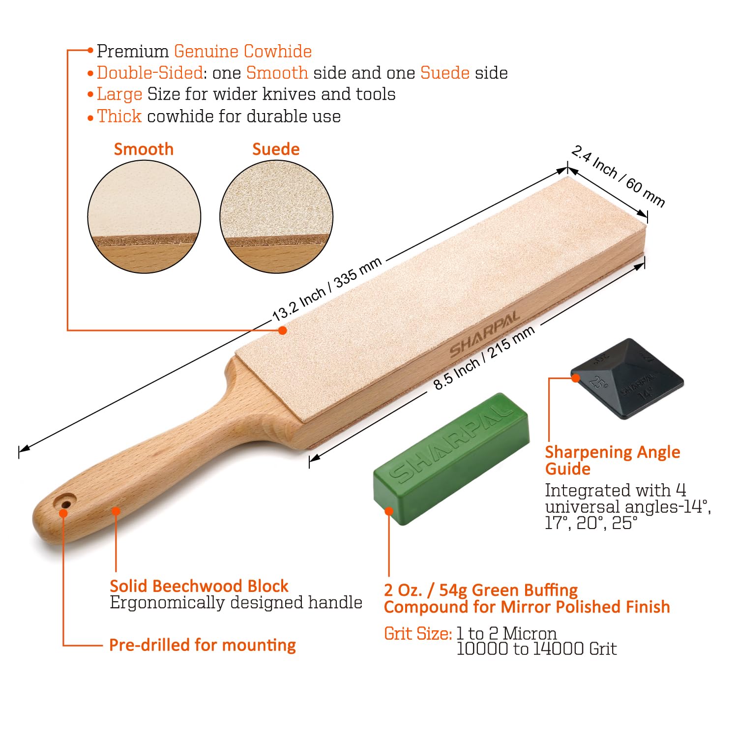 Wooden base with ergonomic handle for comfortable honing.