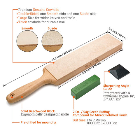 Wooden base with ergonomic handle for comfortable honing.