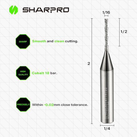 SHARPRO 1/16 inch router bit in action highlighting clean cuts from carbide edge.