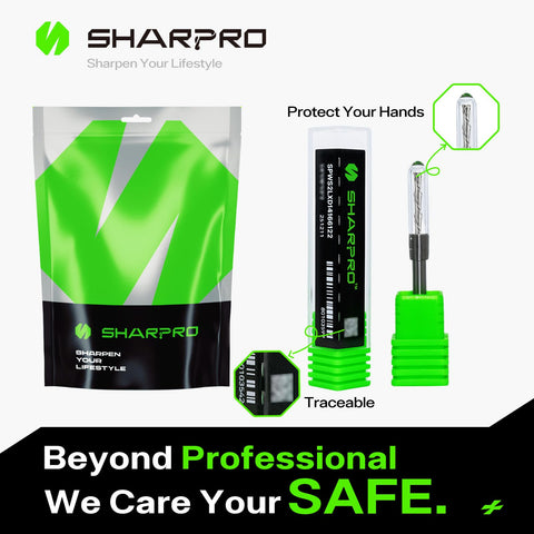 SHARPRO downcut router bit demonstrated for mortising and engraving tasks.