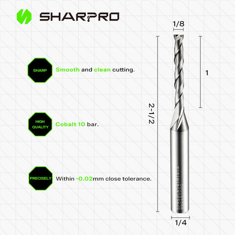 SHARPRO 1/8 router bit spiral upcut cutting wood with minimal tear-out.