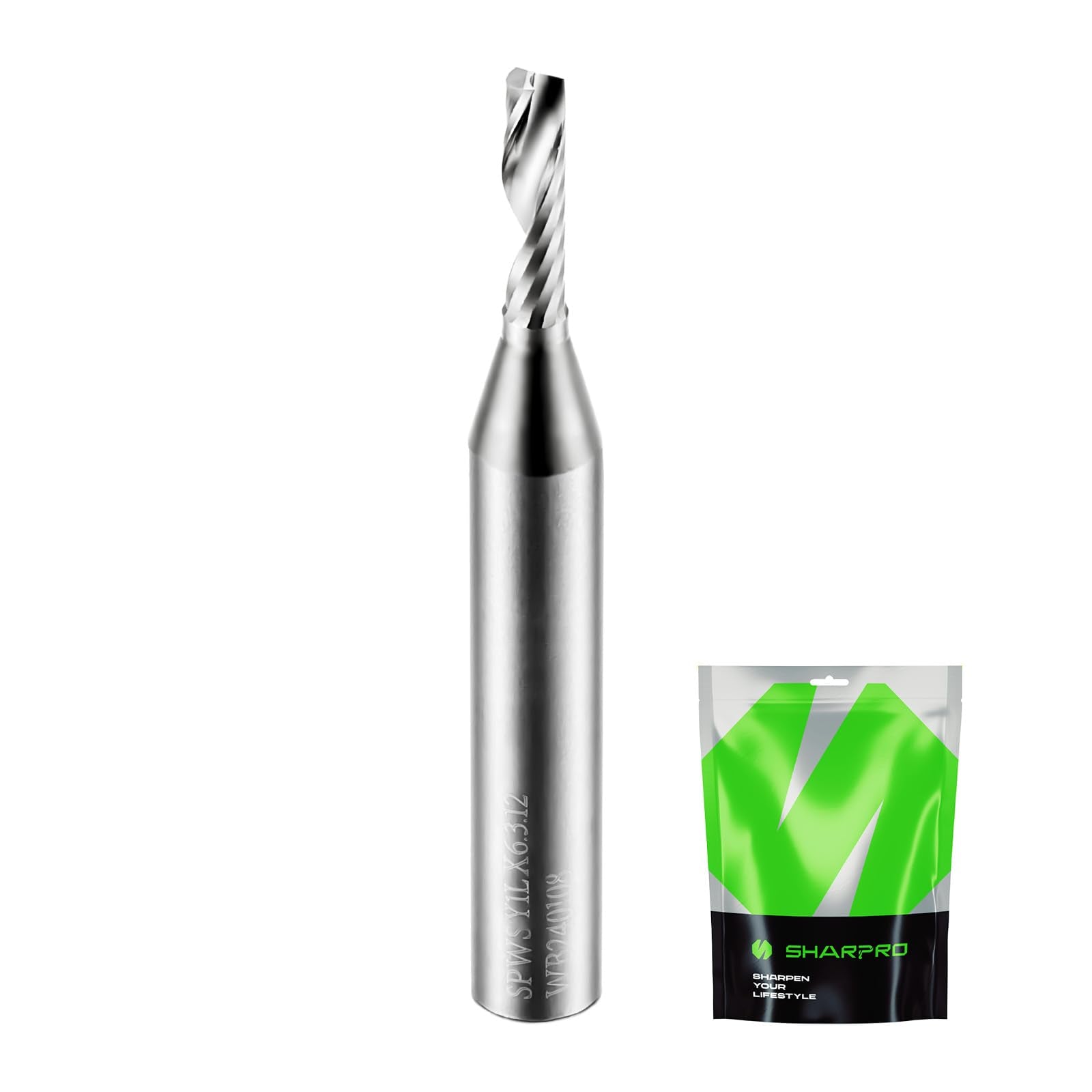 SHARPRO O Flute Upcut Spiral Router Bit in front view ideal for clean aluminum and plastic cuts