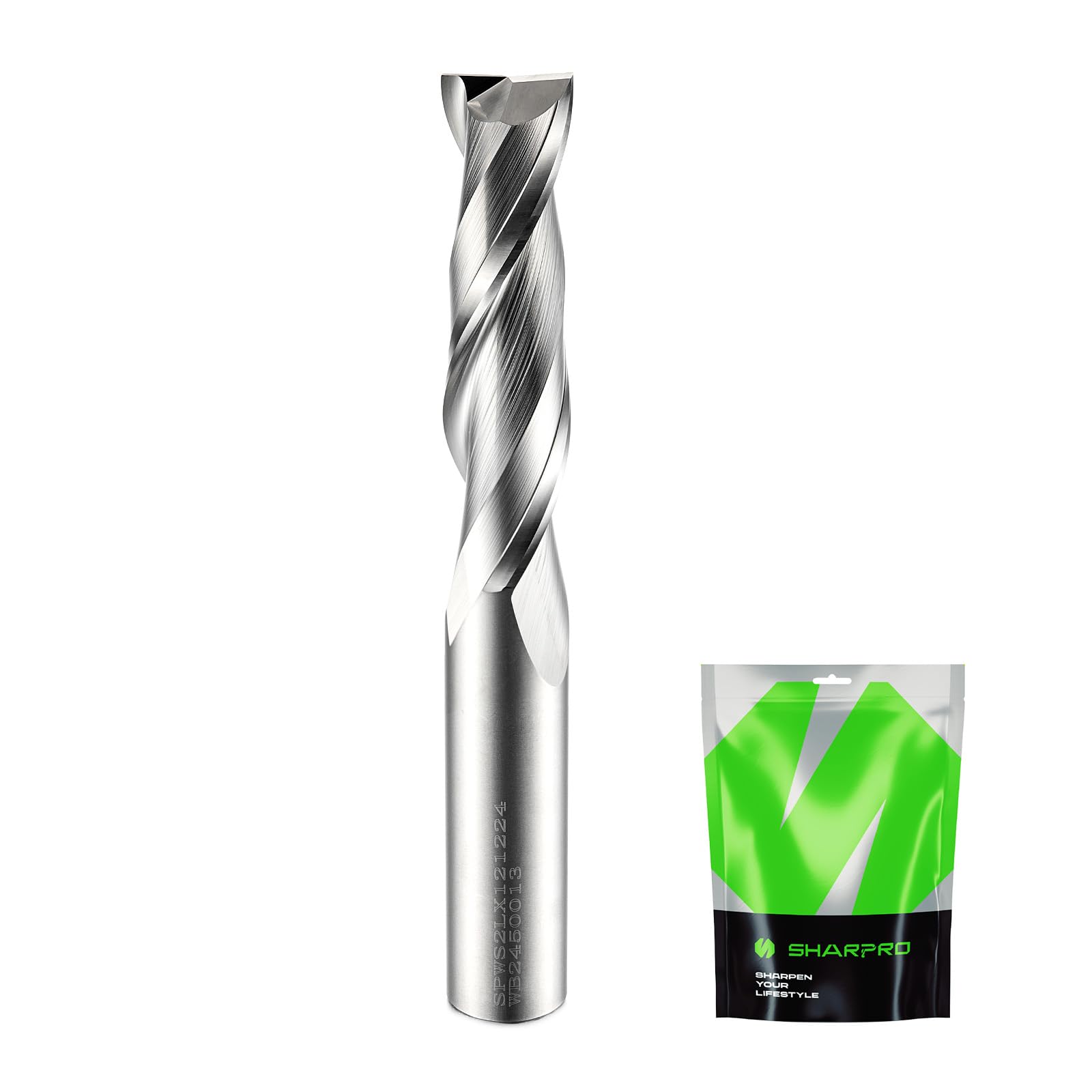 SHARPRO Spiral Upcut Router Bit packaging view showing quality and precision