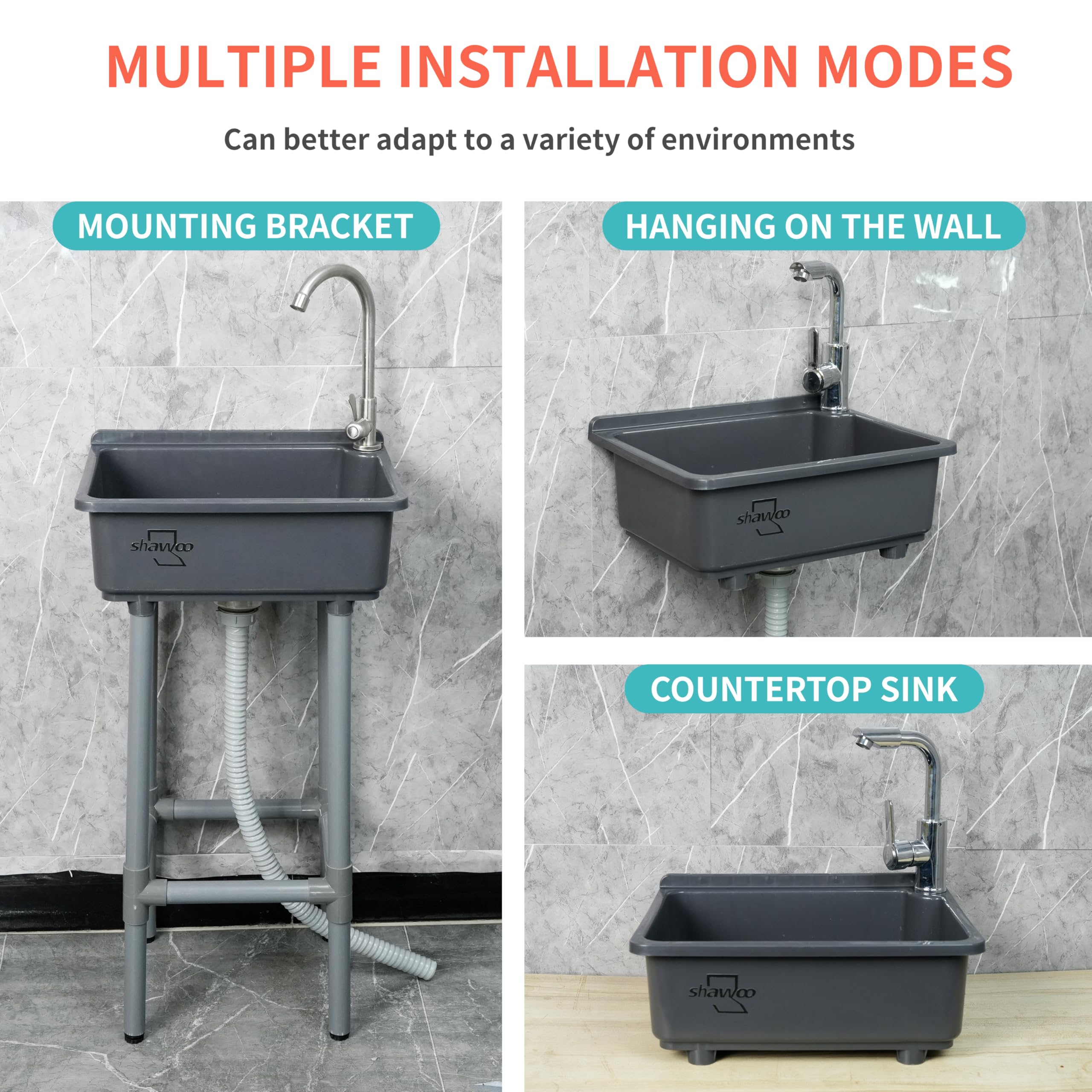 shawoo freestanding sink side view reveals durable plastic construction