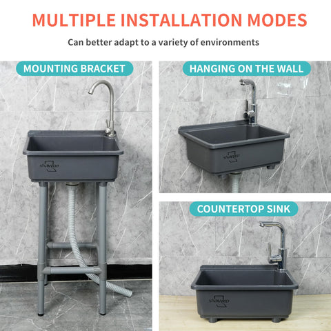 shawoo freestanding sink side view reveals durable plastic construction