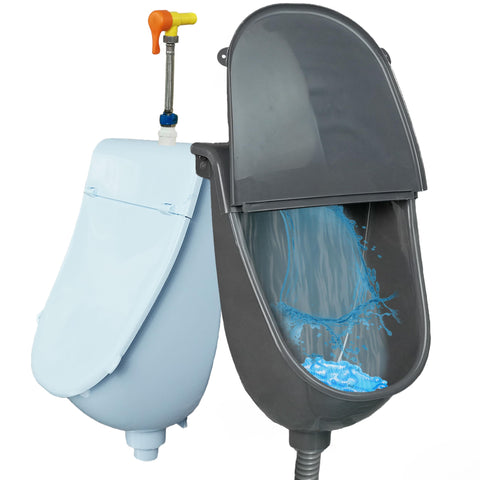 Shawoo wall-mounted urinal with lid minimizes odors and splashes.