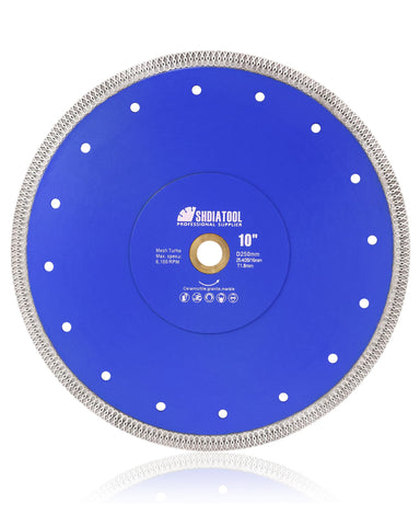 SHDIATOOL 10-inch diamond blade cutting porcelain tiles with chip-free results