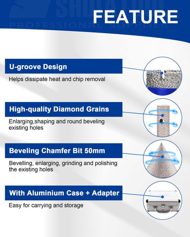 SHDIATOOL chamfer bit 50mm creates smooth tile edge chamfers