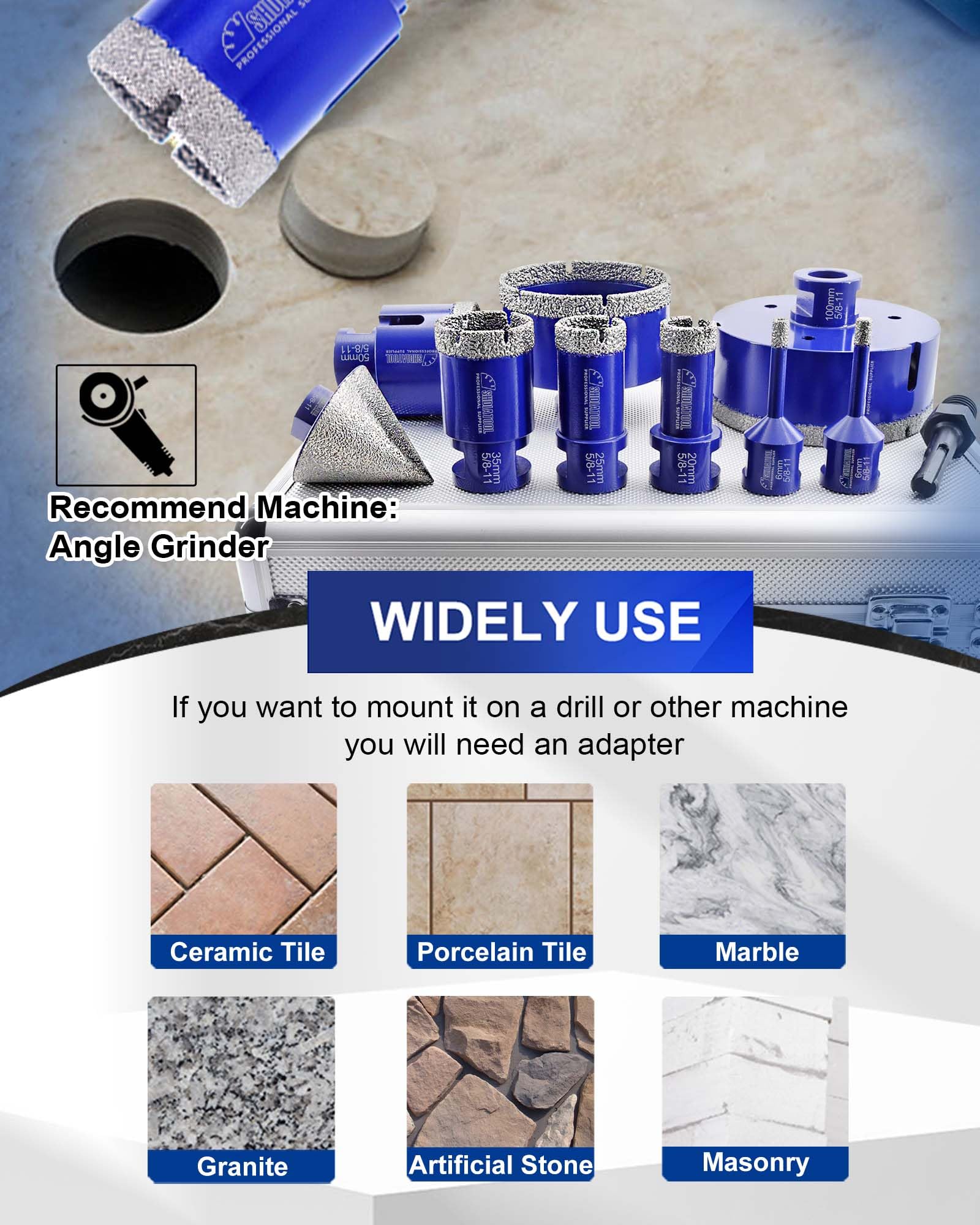 SHDIATOOL diamond tile drill set 35mm for larger tile openings in granite or marble.