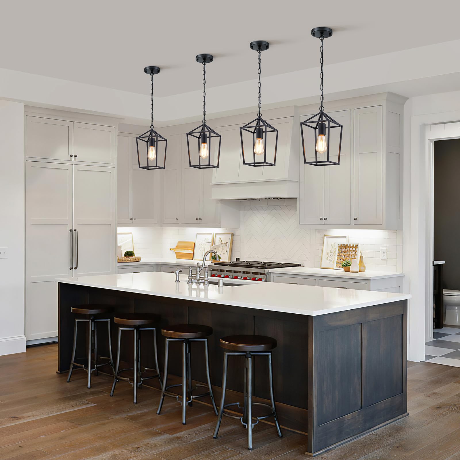 Sheetea black cage pendant in dining room with rustic-modern charm