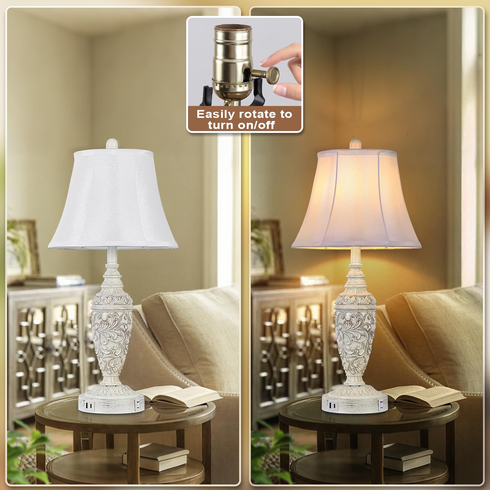Sheetea distressed white finish lamp complements traditional and transitional interiors.