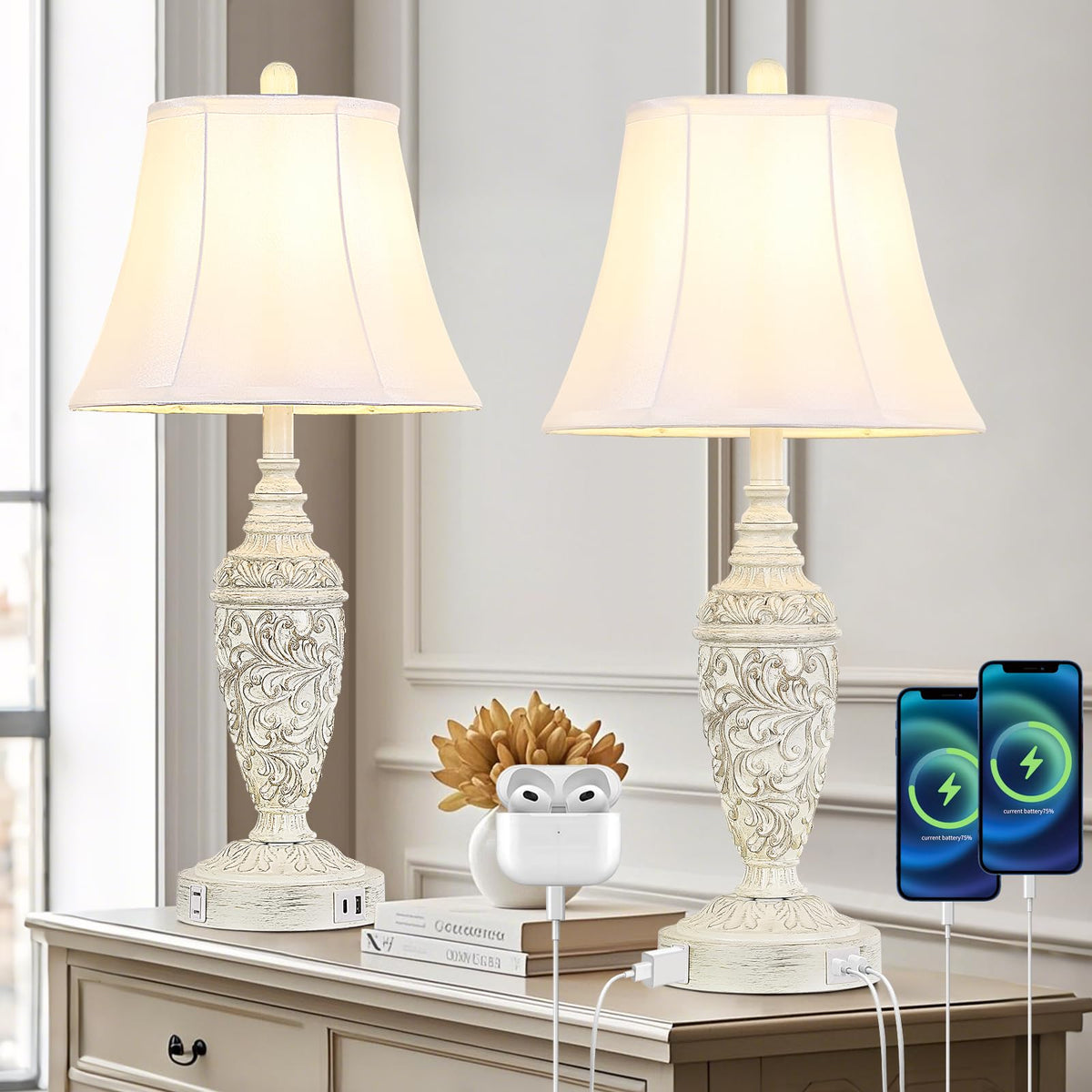 Sheetea vintage table lamp with carved resin base for elegant bedside lighting.