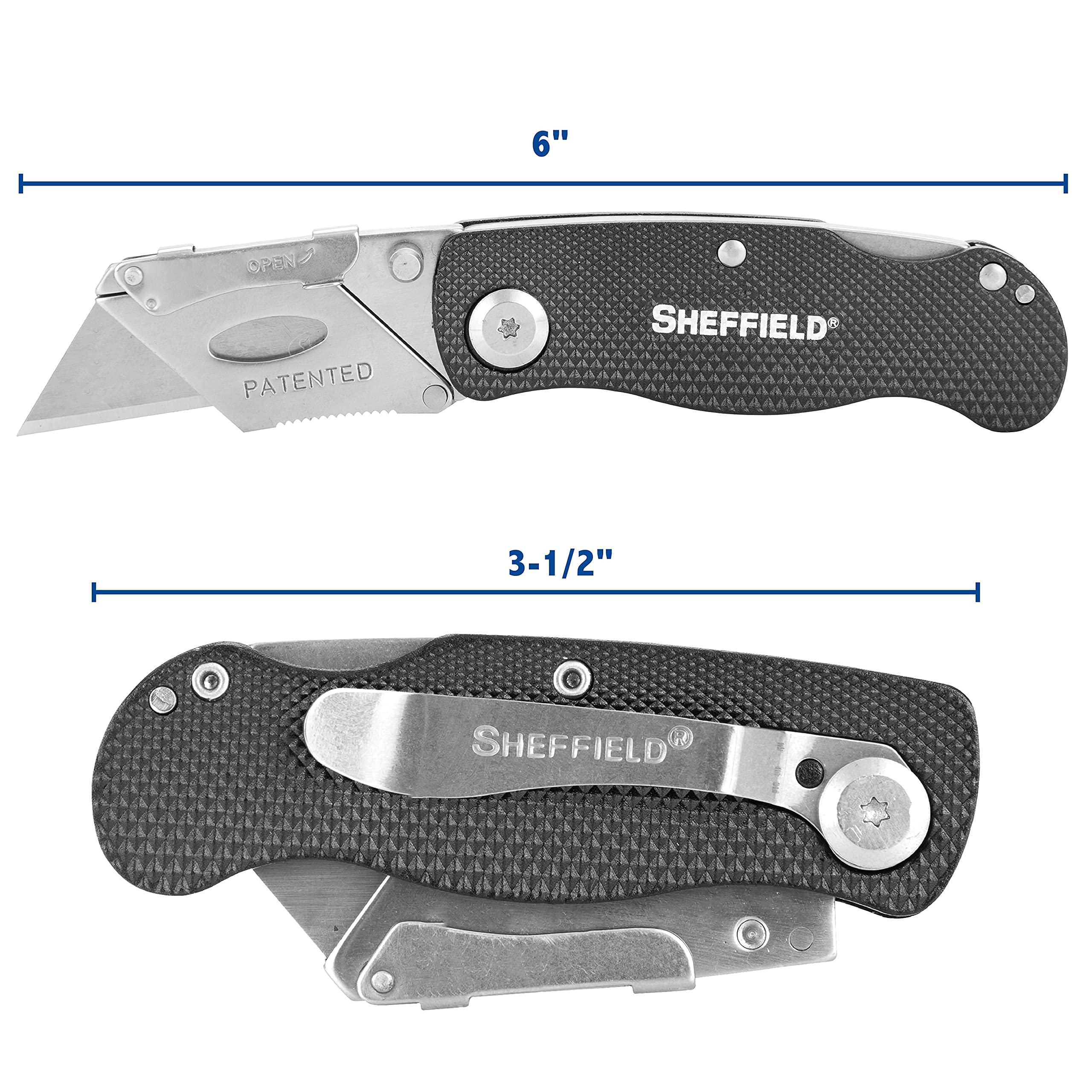 Sheffield folding utility knife with quick blade change for fast replacements