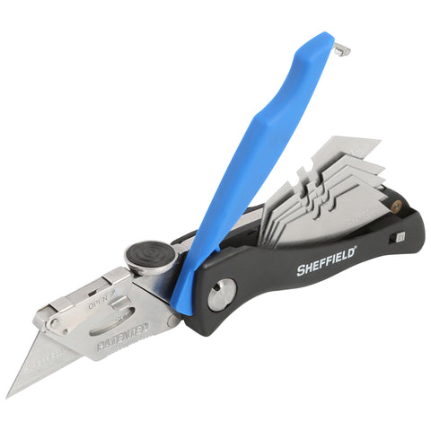 Sheffield folding utility knife with quick-change blades for fast cardboard cuts.
