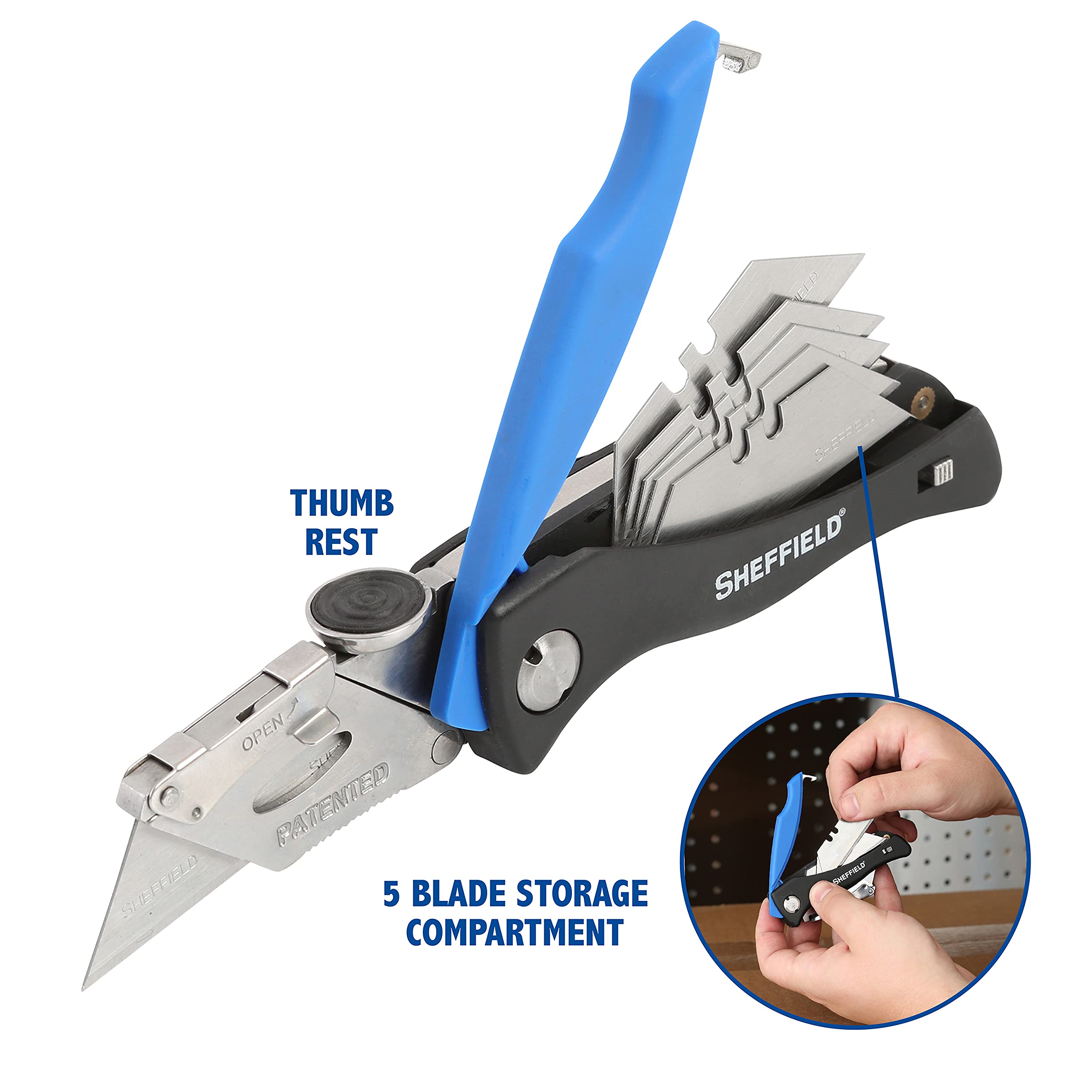 Sheffield utility knife blade compartment stores extra blades for quick swaps.