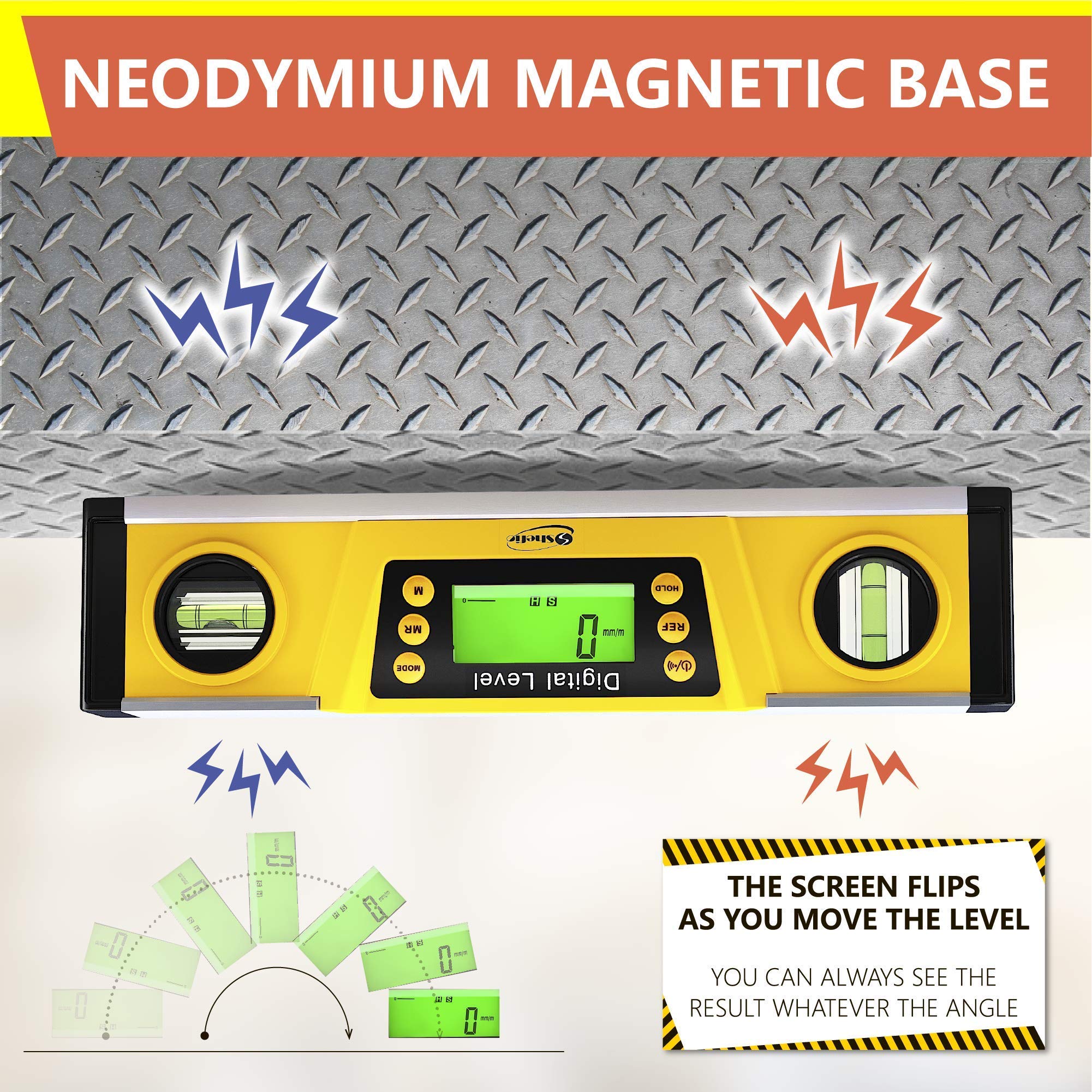 Magnetic base enables hands-free use on metal surfaces for fast alignment.