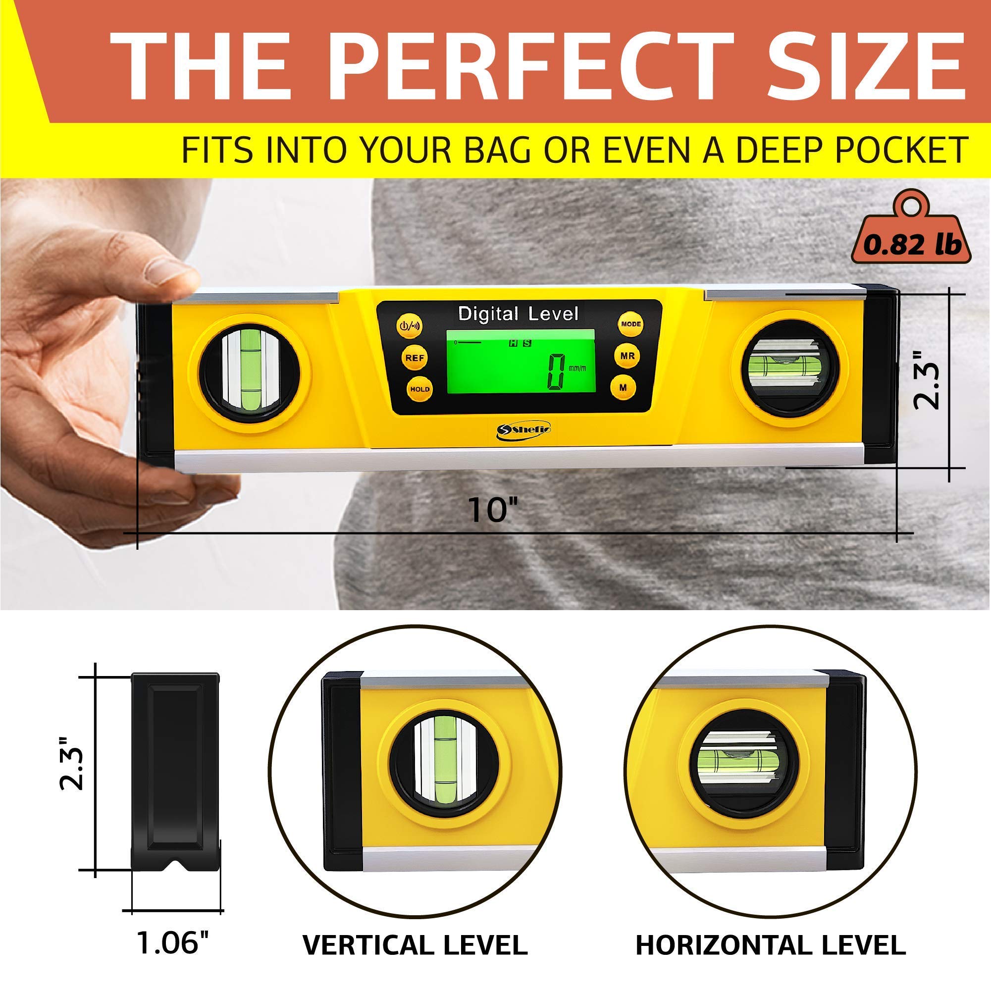 Shefio digital level shows slope percent readout for accurate ramp and deck setup.