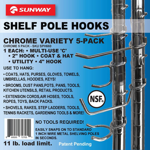 Shelf Pole Hooks Think Outside the Pole chrome-durability supports heavy-duty shelving organization.