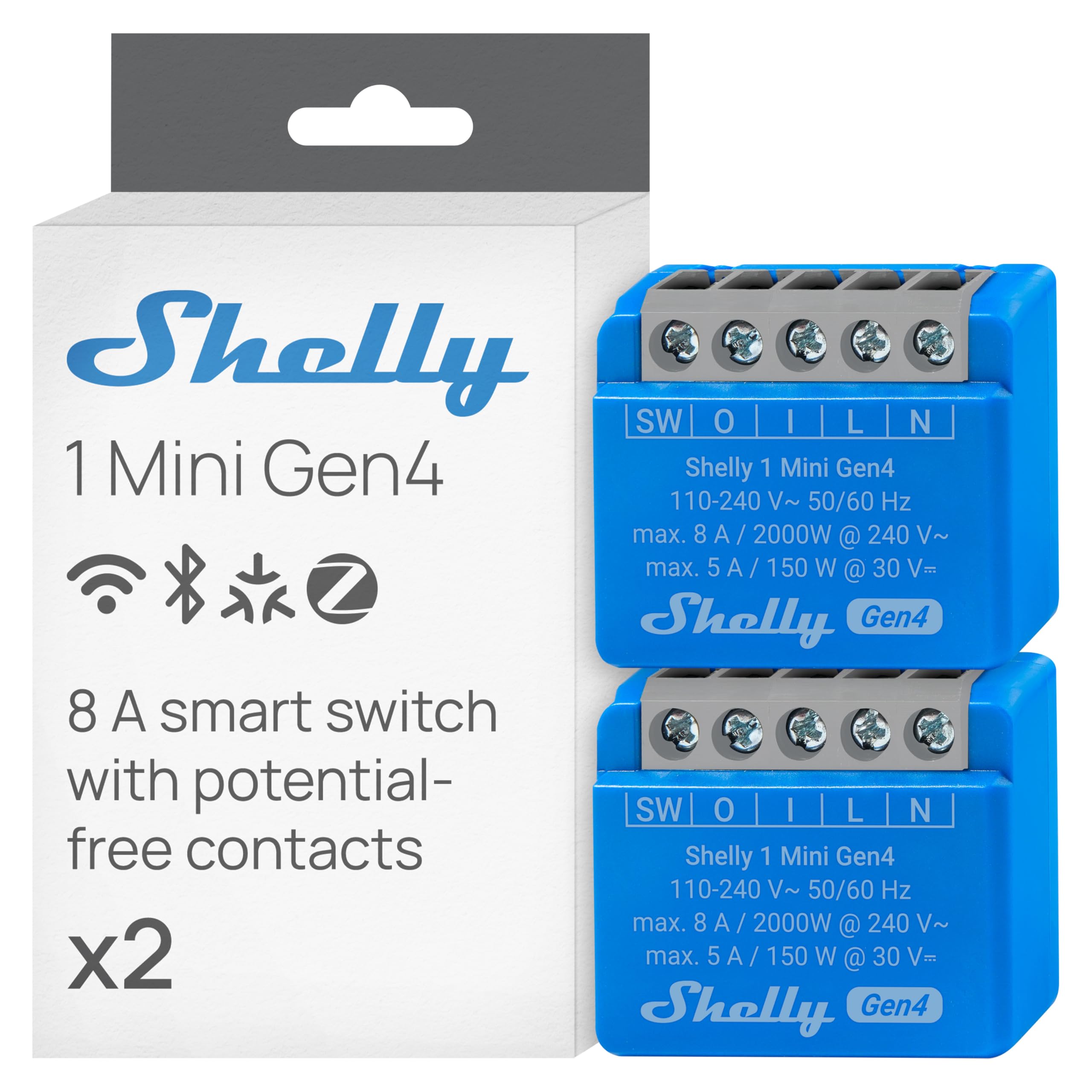 Shelly 1 Mini Gen4 front view, compact smart relay for hidden installations.