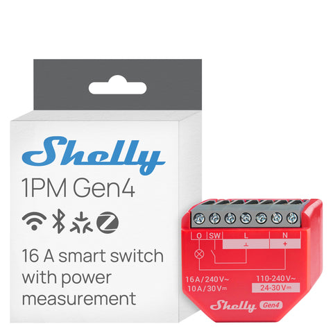 Shelly 1PM Gen4 front view highlighting compact relay design for retrofits.