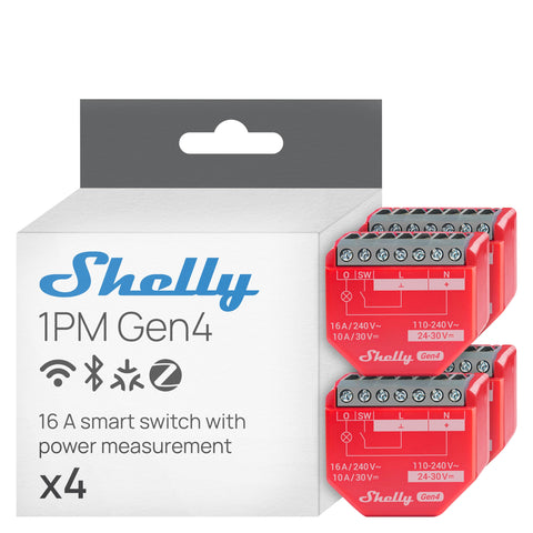 Shelly 1PM Gen4 front view, compact relay for behind-wall installations.