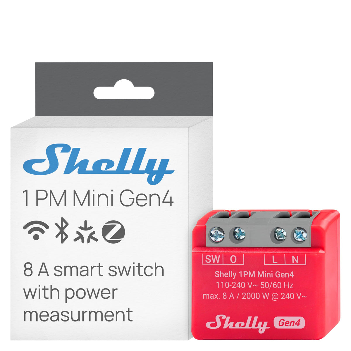 Shelly 1PM Mini Gen4 front view, compact smart relay for easy installation