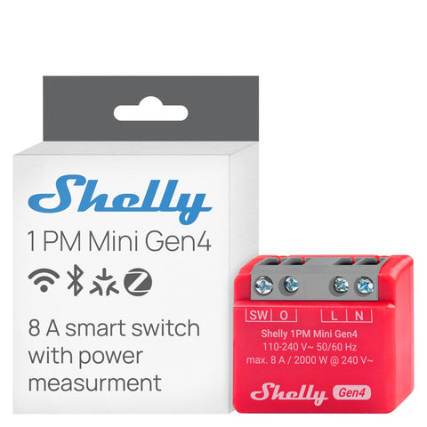 Shelly 1PM Mini Gen4 front view, compact smart relay for easy installation